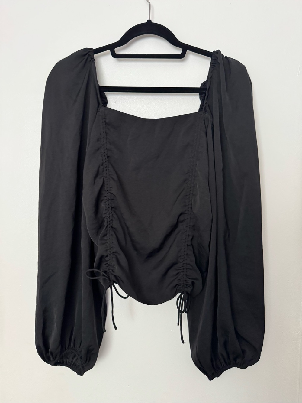 Black Ruched Square-Neck Long-Sleeve Blouse with Adjustable Ties